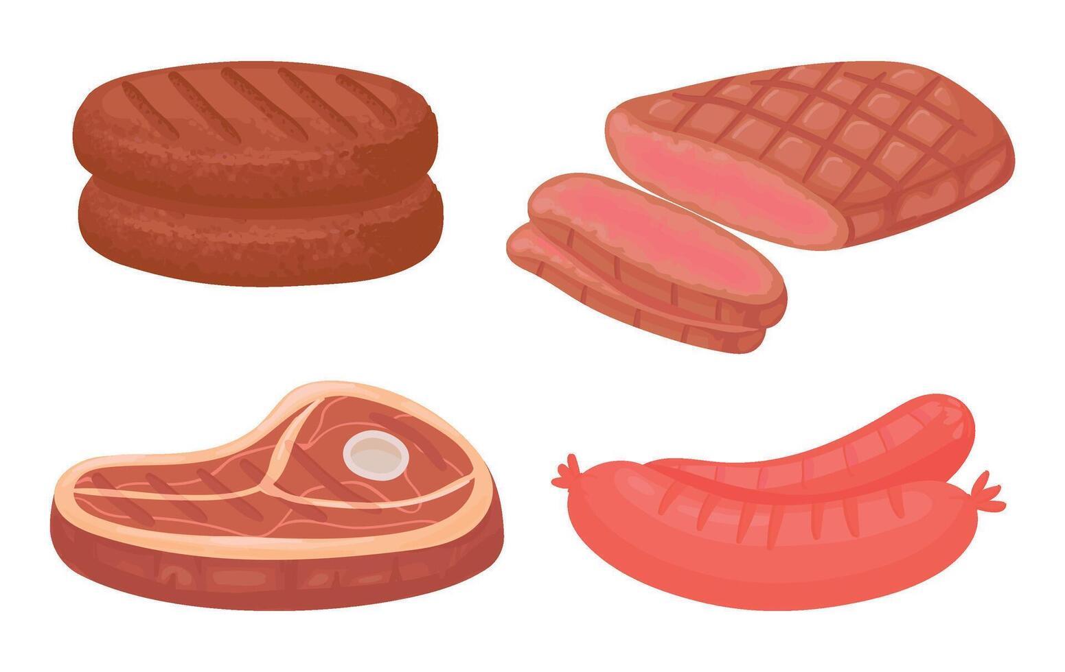 tekenfilm vlees voedsel. rauw Product ingrediënten net zo pasteitje, steak en worstjes voor slagerij op te slaan. biologisch vlees vector