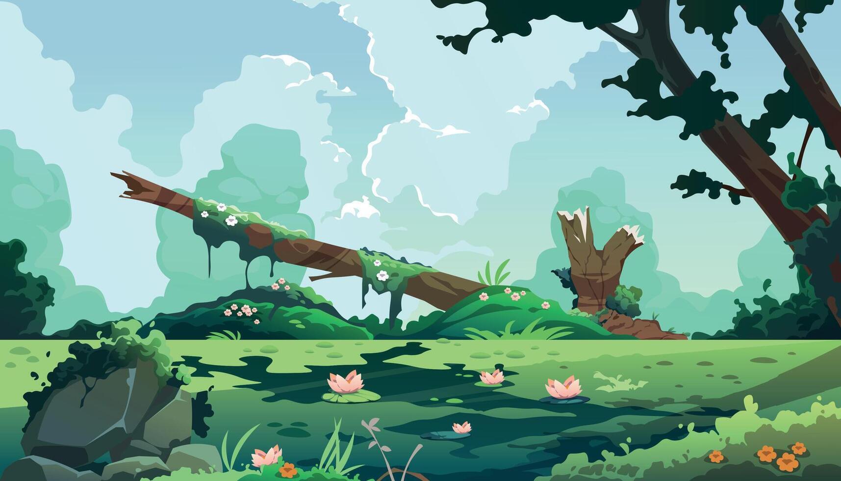moeras tekenfilm landschap. Woud achtergrond met moeras en meer, tekenfilm fantasie vijver met mos en riet planten. vector spel illustratie