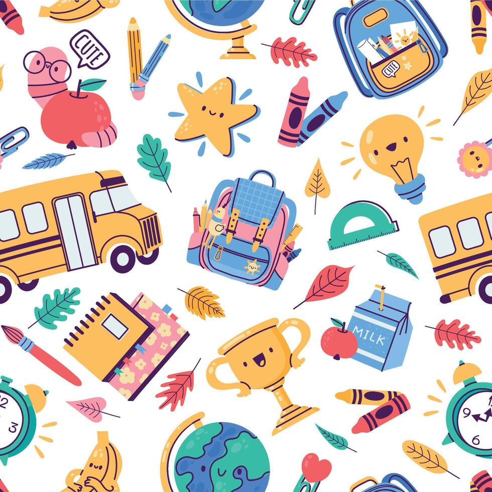 school- badges patroon. naadloos afdrukken van onderwijs schrijfbehoeften benodigdheden, schattig kleurrijk wekelijks ontwerper boek stickers. vector structuur illustratie