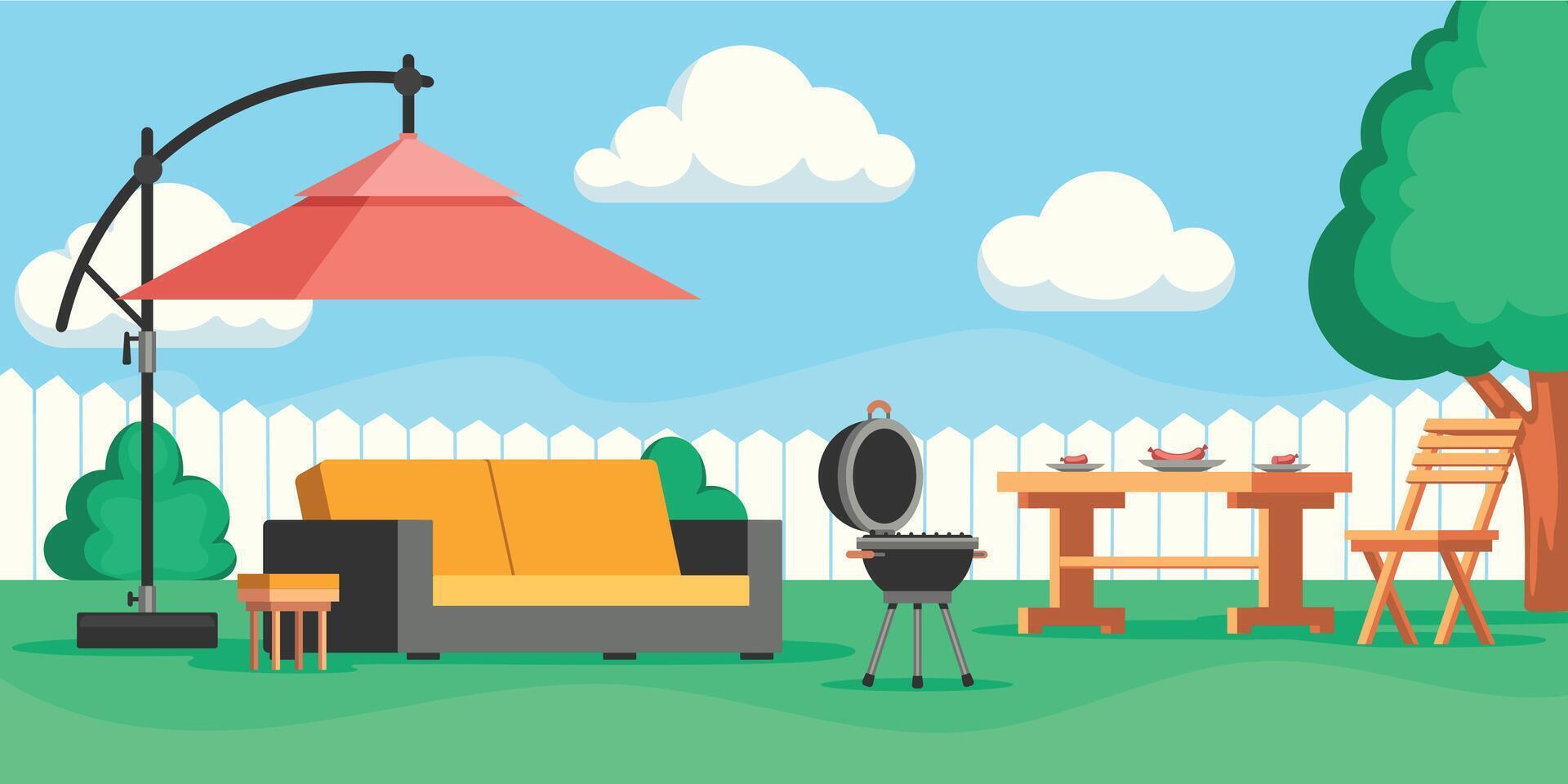achtertuin patio. tekenfilm zomer tuin met lounge buitenshuis meubilair en barbecue grill, buiten huis terras of veranda tafereel. vector illustratie
