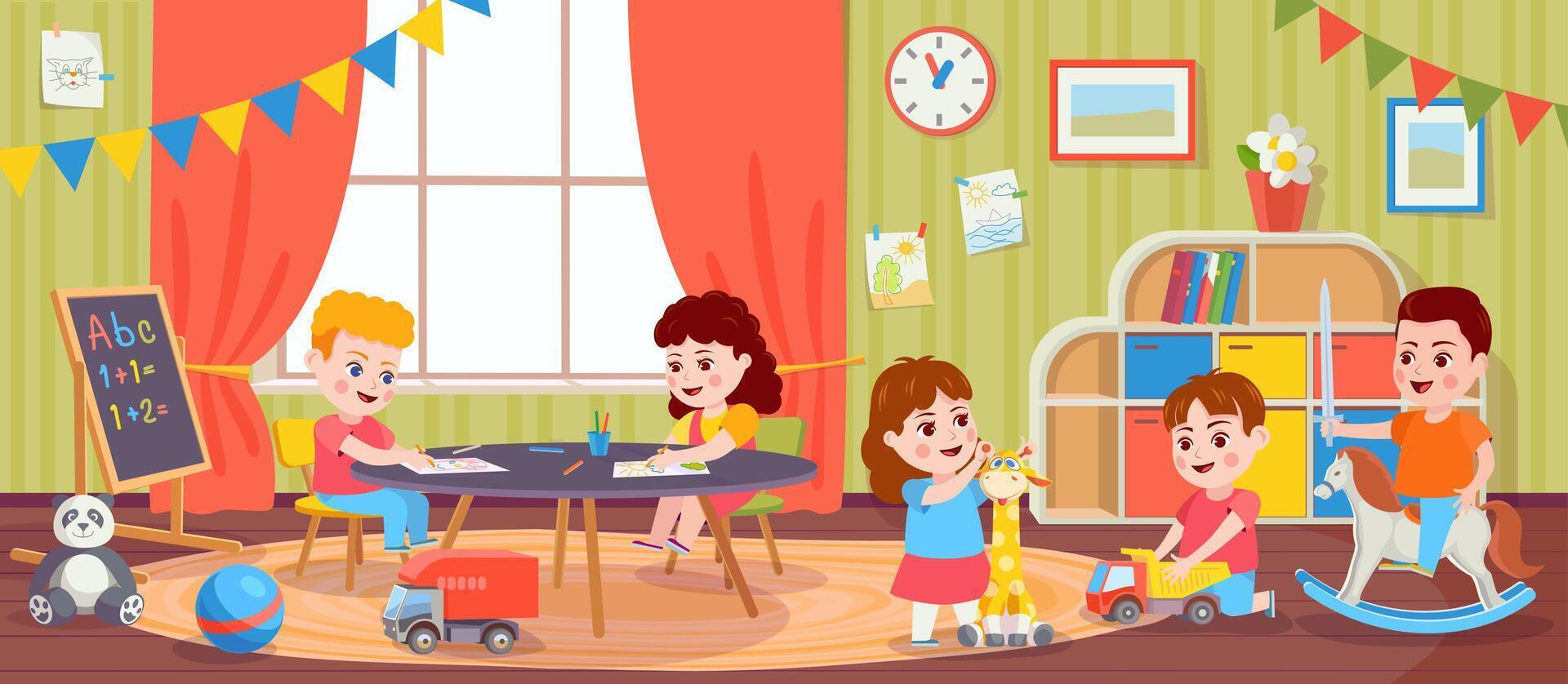 kinderen spelen in kamer. kinderen werkzaamheid in kleuterschool. tekenfilm peuter- jongens en meisjes Speel speelgoed en tekenen. vector speelkamer met peuters