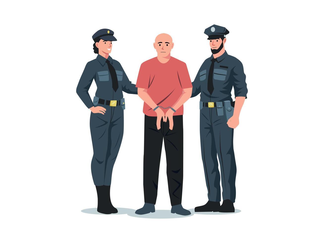 Politie arresteren. politieagent en politievrouw arresteren crimineel met handboeien, tekenfilm detective officieren tekens in uniform gevangen dief. vector illustratie
