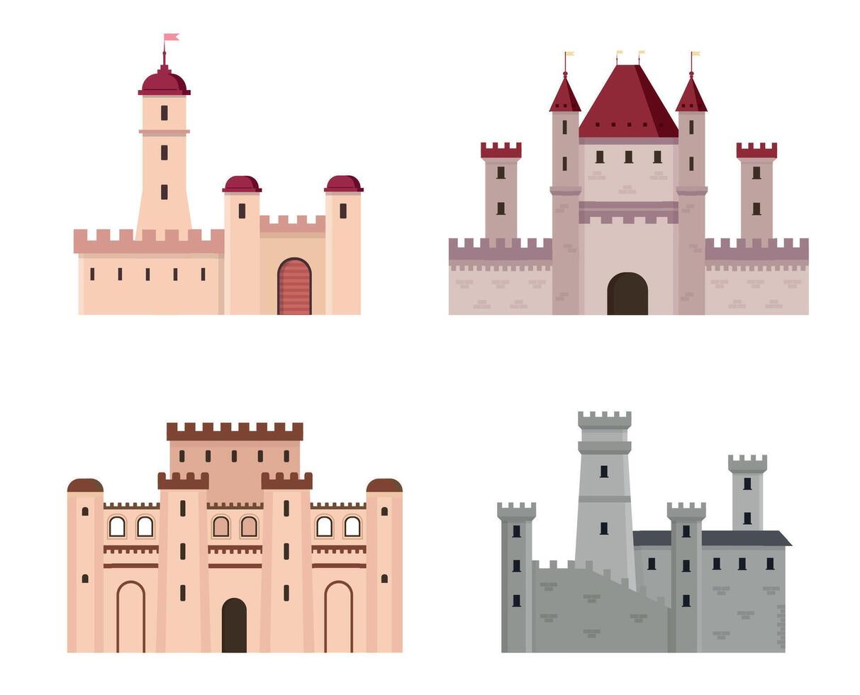 middeleeuws gebouwen. geïsoleerd tekenfilm ridder vesting en kastelen. historisch architectuur, torens en en poorten vector