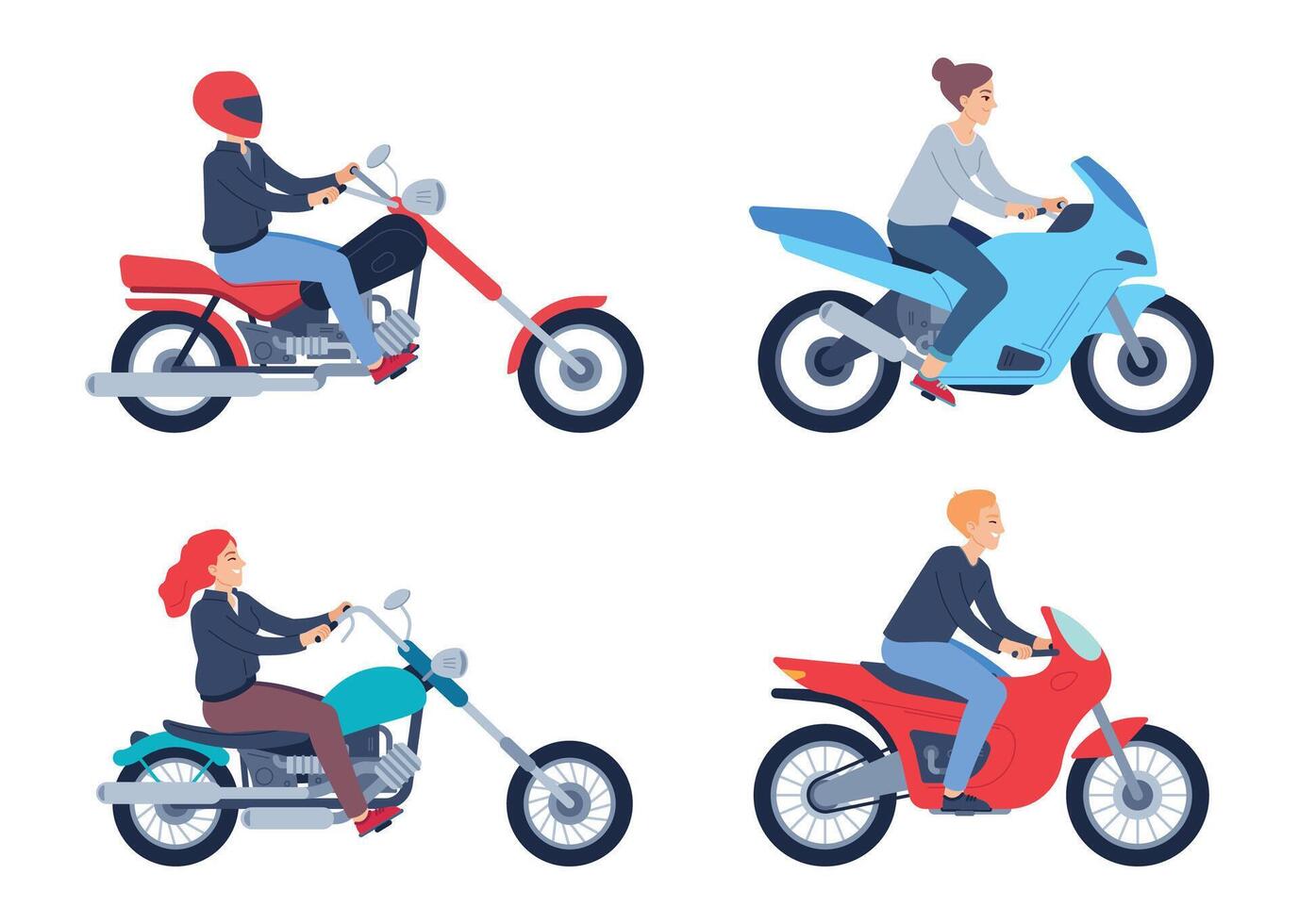 motorfiets ruiters. mensen in helm Aan scooter en motorfiets. vrouw en mannetje tekens het rijden sport en klassiek voertuigen vector