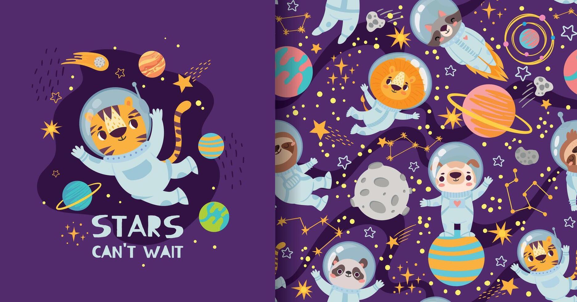 schattig tekenfilm dieren in ruimte, pyjama afdrukken en patroon ontwerp. astronauten in ruimte pakken vliegend in universum vector