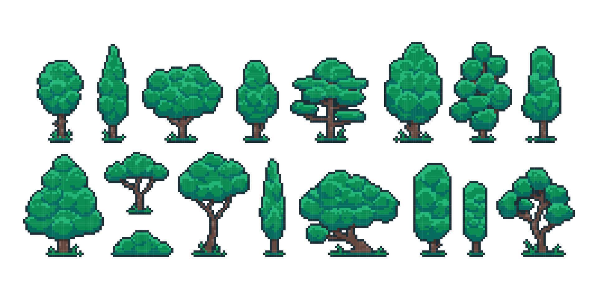 pixel bomen. tekenfilm 8 beetje retro spel natuur fabriek en milieu object, video spel sprite Bedrijfsmiddel. vector Woud landschap elementen geïsoleerd reeks