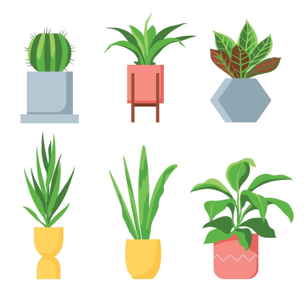 pot planten. verschillend kamerplanten met groen bladeren, vetplanten en cactus. Scandinavisch decoratief elementen voor huis interieur vector