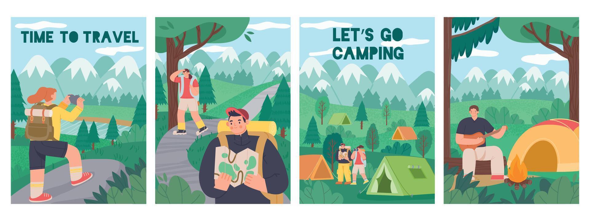 wandelen mensen poster. tekenfilm toerisme en actief avontuur banners met tekens Aan camping. vector banier