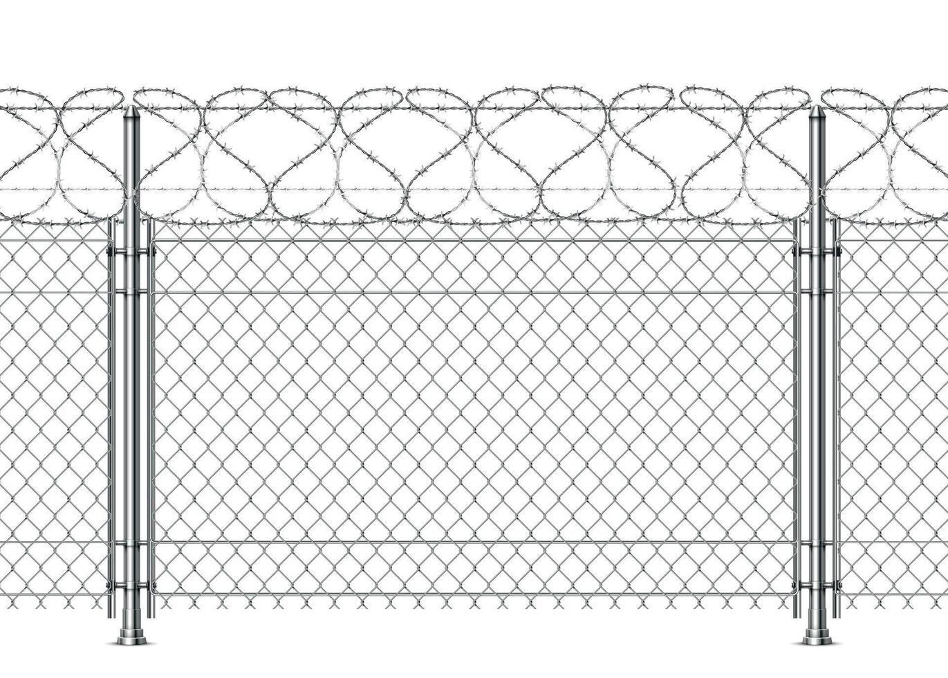 realistisch gevangenis muur, keten hek met weerhaak draad. 3d metaal grens veiligheid maas met prikkeldraad. oorlog barrière bouw vector achtergrond