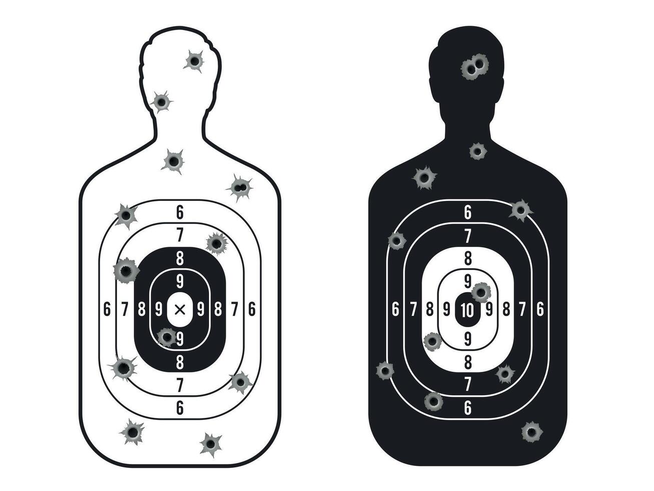 schot doelwit. menselijk silhouet met kogel circulaire gaten, leger rekwisieten van huurmoordenaar vorm met geweerschot stopcontact voor wapen praktijk opleiding. vector geïsoleerd illustratie