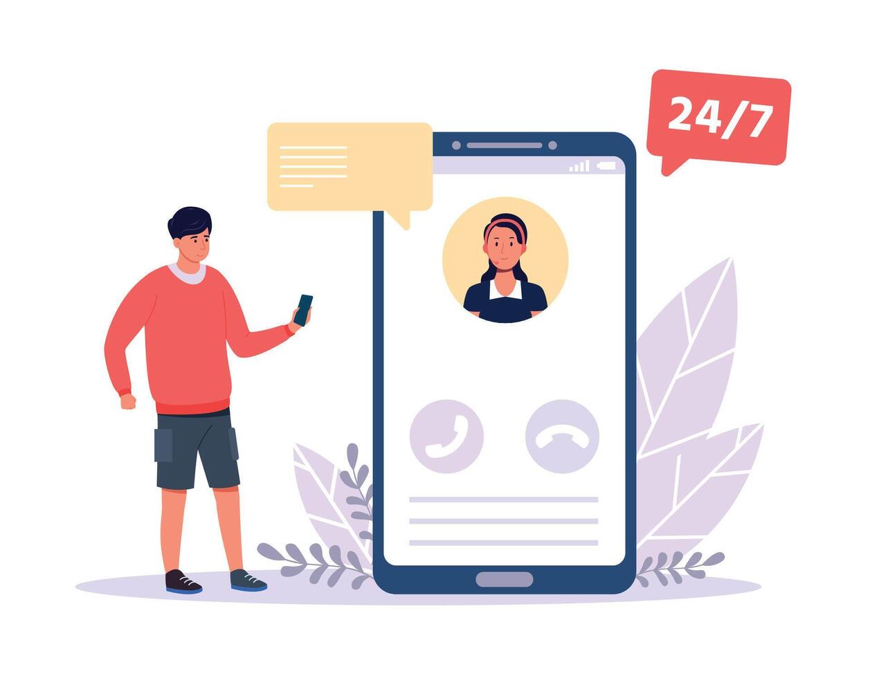 online assistent. tekenfilm Mens roeping klant ondersteuning voor helpen. vrouw in koptelefoon ondersteunen cliënt. smartphone scherm vector