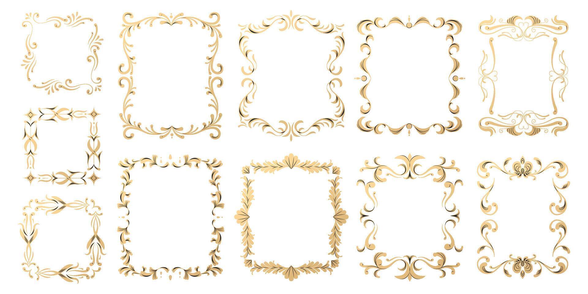 luxe sier- kozijnen. elegant decoratief borders met floreren decoratie, antiek goud kader en bloem grenzen. vector illustratie