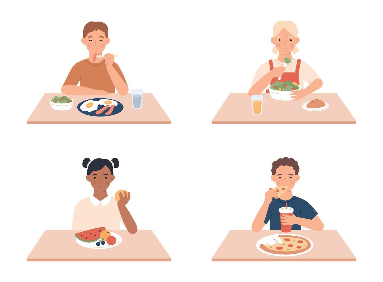 kinderen aan het eten. jongens en meisjes zittend Bij tafel en hebben ontbijt. gelukkig weinig vrouw en mannetje tekens aan het eten verschillend voedsel vector