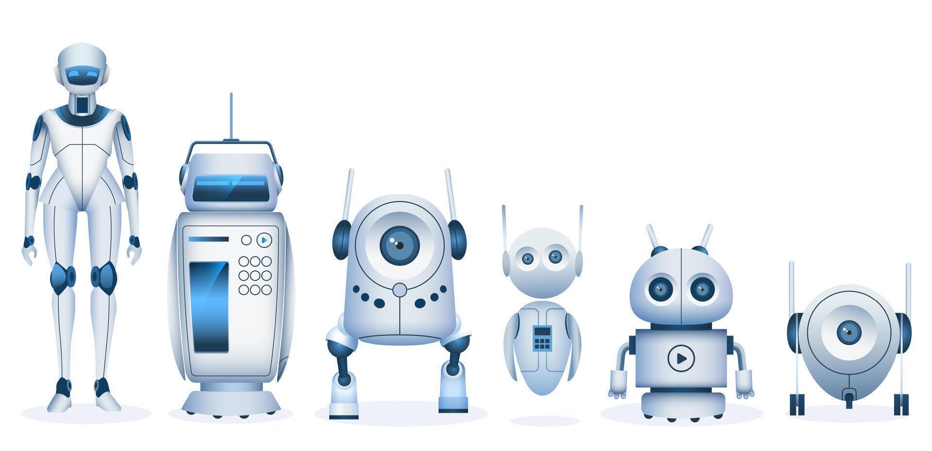 tekenfilm robot. futuristische droids en machine met kunstmatig intelligentie- technologie. realistisch kinderen speelgoed- robots en schattig androïden vector reeks