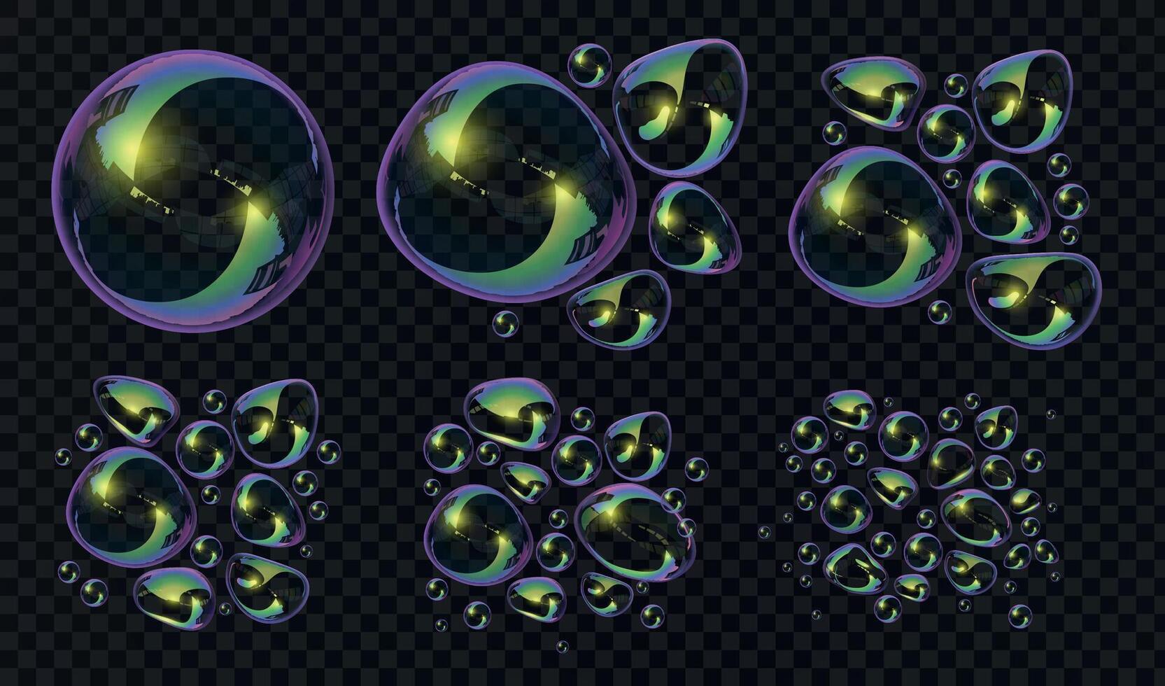 realistisch 3d zeep bubbels en blobs breken vervorming. glanzend bollen met reflectie. transparant bad schuim water bubbel blazen vector reeks