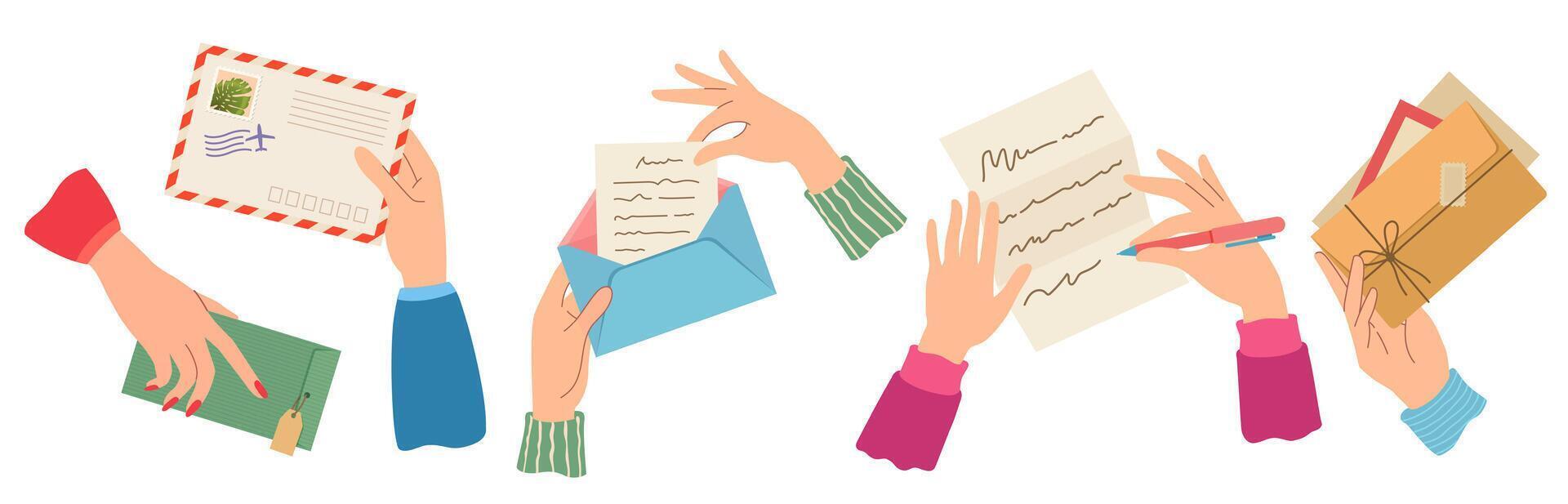 handen Bezig met verzenden brief. vrouw hand- Holding enveloppen met postzegels, schrijven en lezen papier brieven. modieus post kaarten, mail levering vector reeks