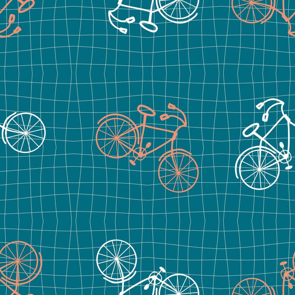 groovy stijl fietsen naadloos patroon Aan rooster vervormd achtergrond. sport esthetisch afdrukken voor kleding stof, papier, textiel. tekening vector illustratie.