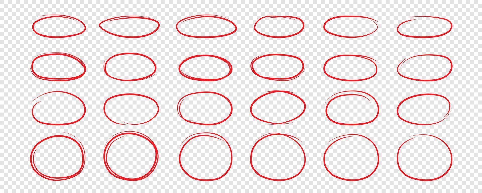een reeks van hand getekend cirkels. cirkel krabbels voor voorbijgaan een Opmerking. circulaire logo ontwerp elementen. graffiti bubbel vector illustratie getrokken in rood potlood of pen .