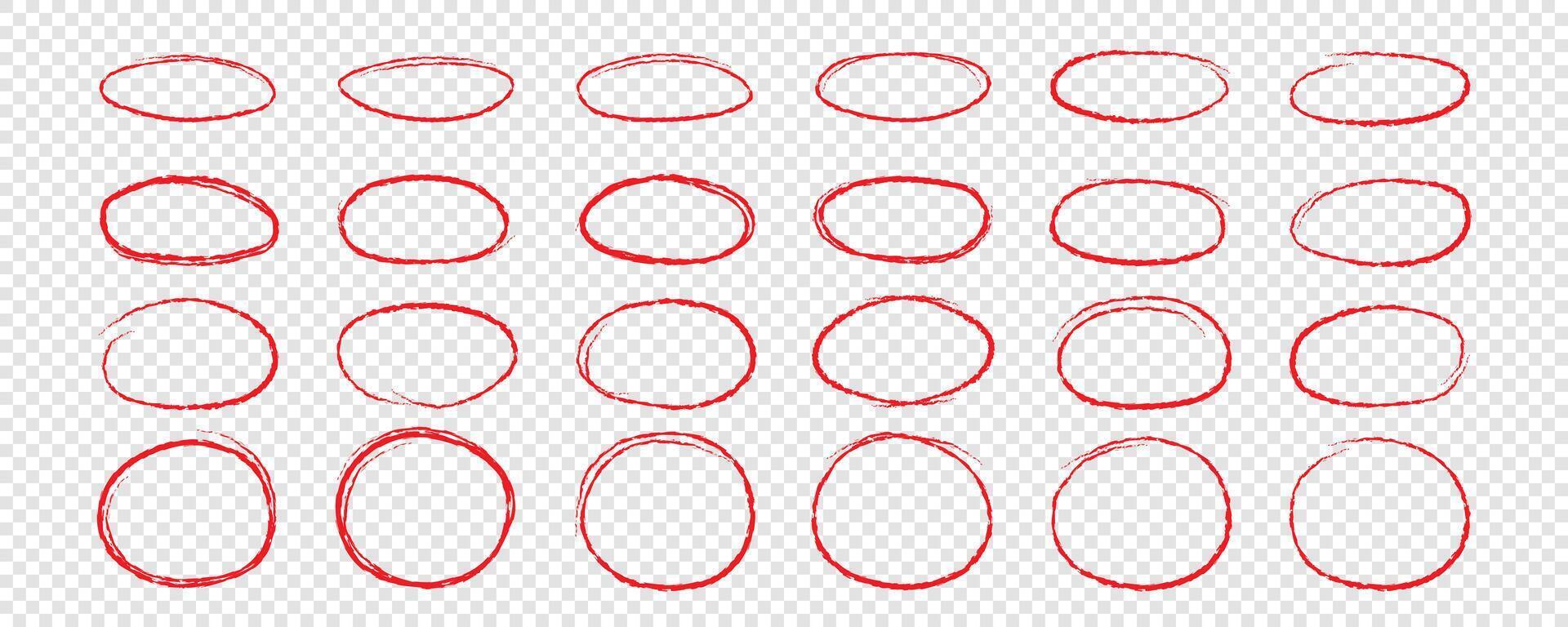 een reeks van hand getekend cirkels. cirkel krabbels voor voorbijgaan een Opmerking. circulaire logo ontwerp elementen. graffiti bubbel vector illustratie getrokken met rood markeerstift of houtskool .