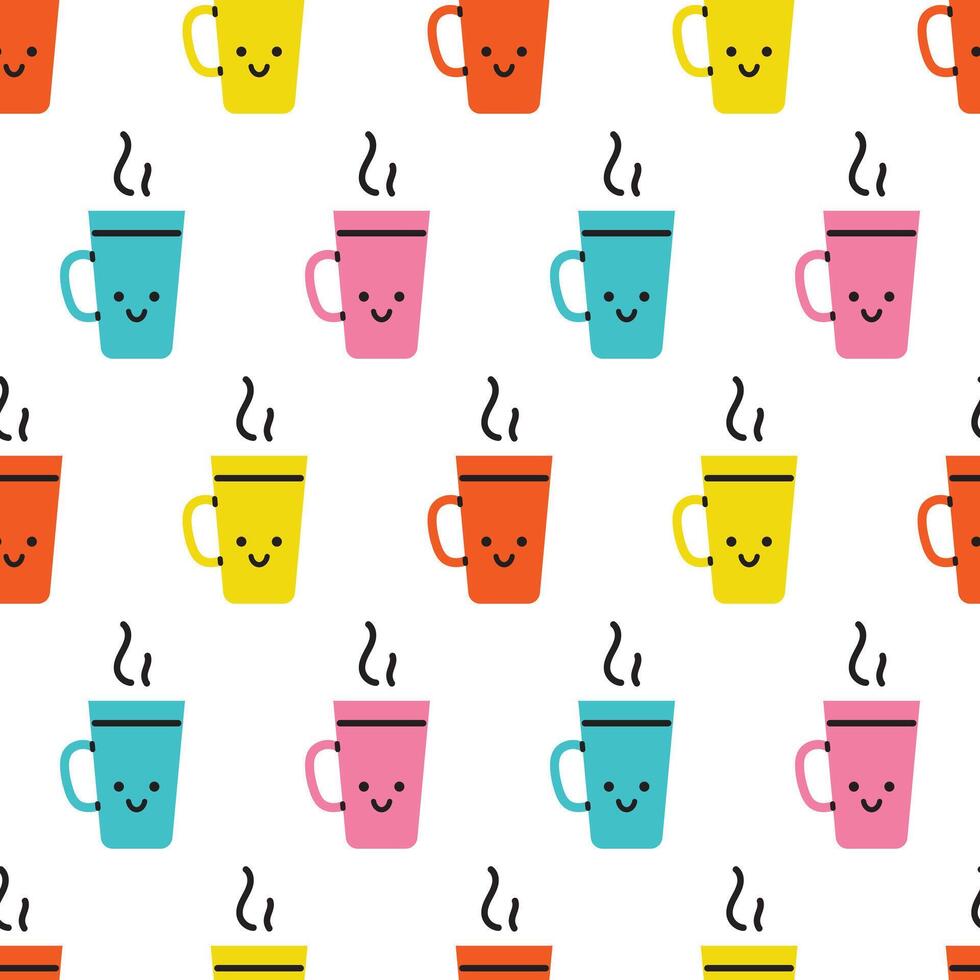 vector naadloos patroon met schattig kleurrijk cups van thee of koffie. grappig glimlachen cups of mokken met heet drinken Aan wit achtergrond. omhulsel ontwerp.