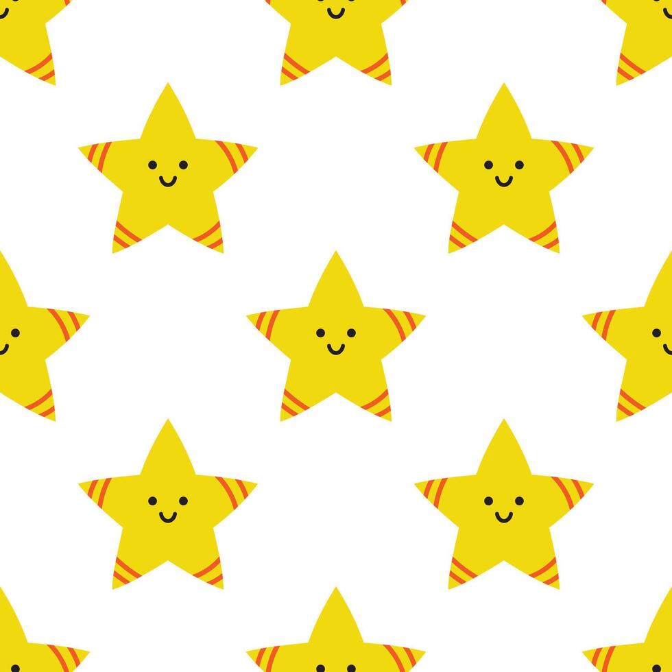vector naadloos patroon met schattig kinderachtig sterren. geel glimlachen sterren met gezicht Aan wit achtergrond. grappig baby sterren. omhulsel of behang ontwerp.