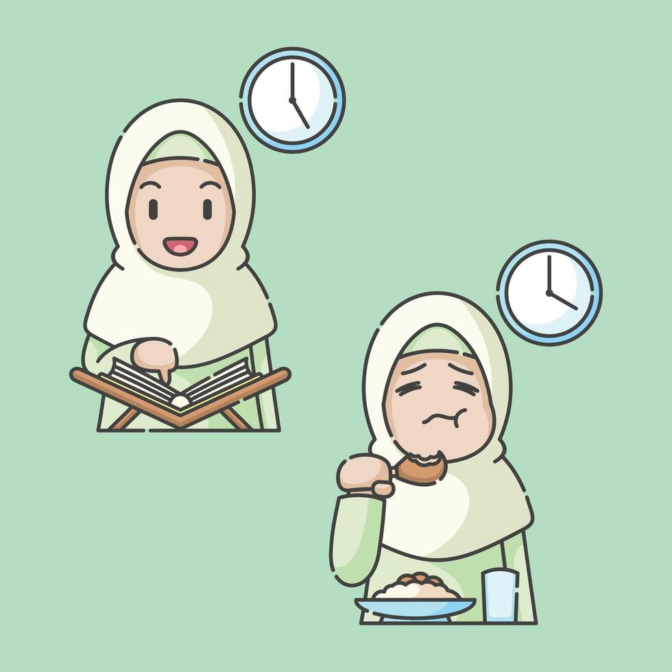 Ramadan werkzaamheid meisje vector kunsten. Islamitisch activiteiten in dagelijks. tekenfilm karakter voor kinderen