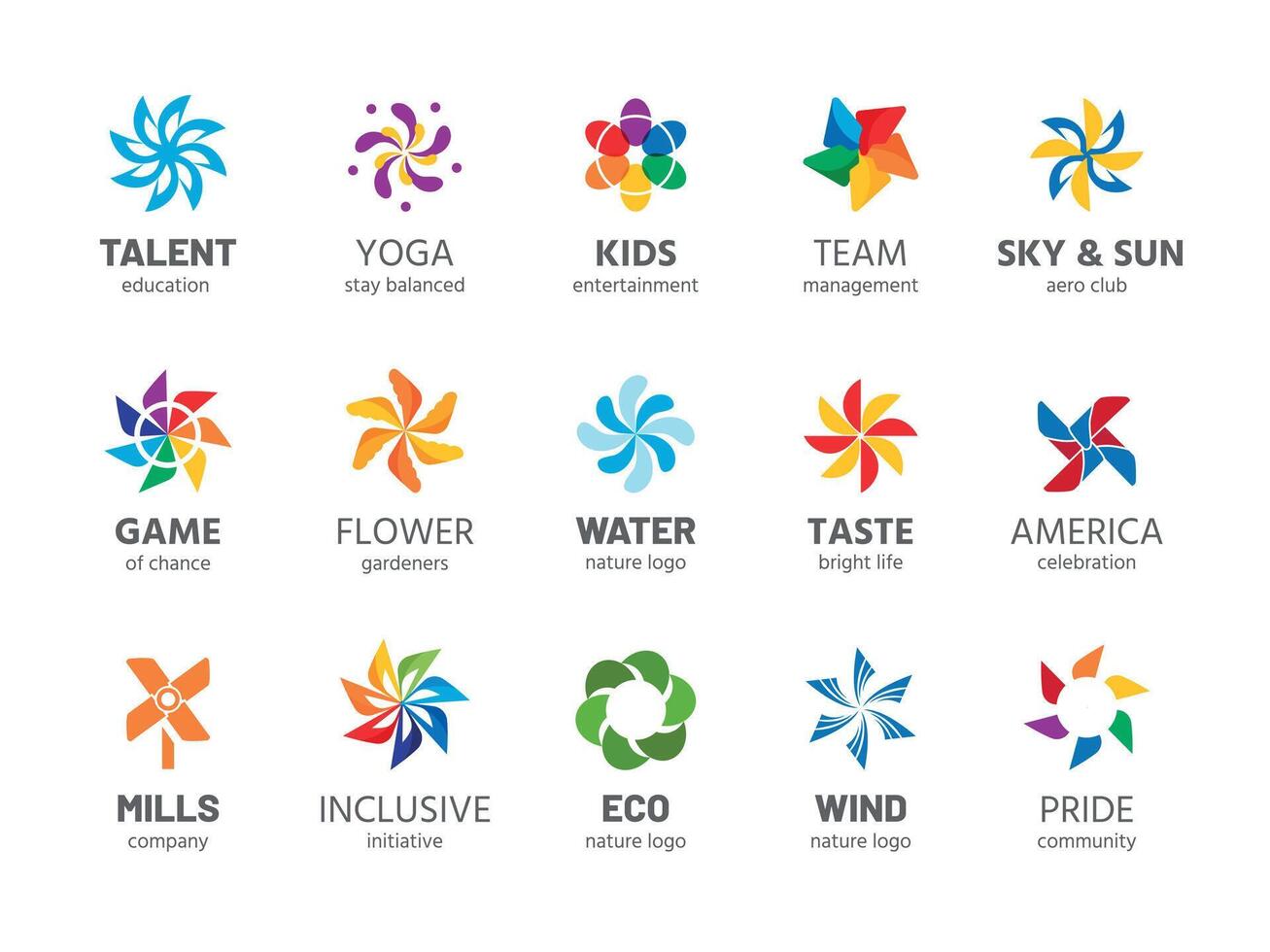 pinwheel logo. abstract regenboog kleur zomer spinner symbool, wind voortgestuwd kinderen zomer speelgoed- geïsoleerd verzameling. vector bedrijf logos