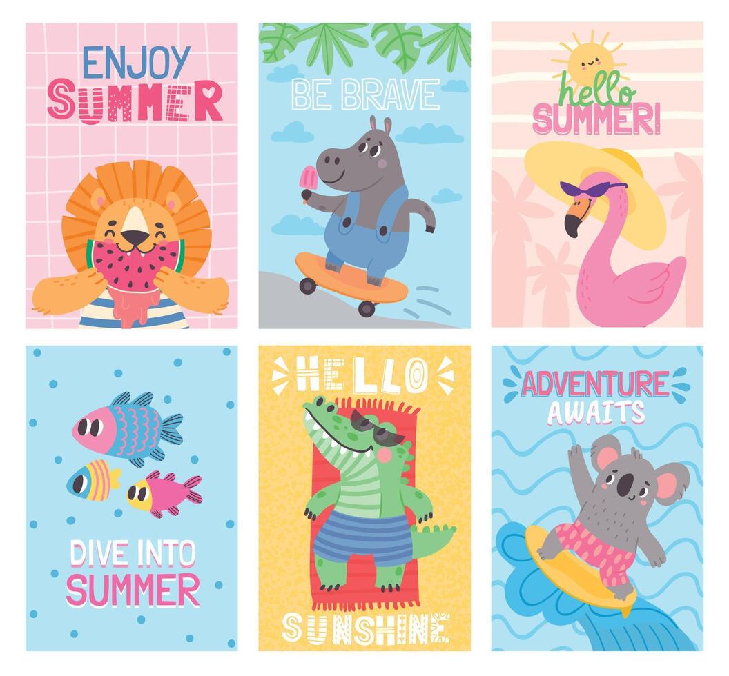 Hallo zomer kaarten met tekenfilm dieren Aan strand vakantie. schattig flamingo. aan het eten watermeloen, zonnen en surfen, pret poster vector reeks