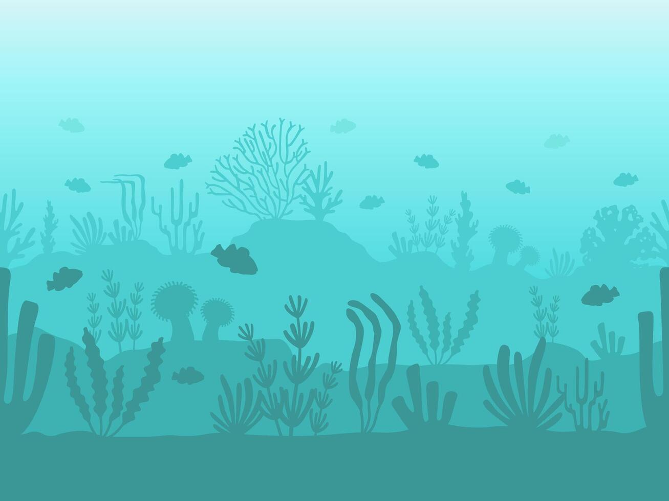 naadloos oceaan onderkant. onderwater- koraal rif silhouet met zee planten, vis en zeewier. vlak zeegezicht met onderzees leven vector patroon
