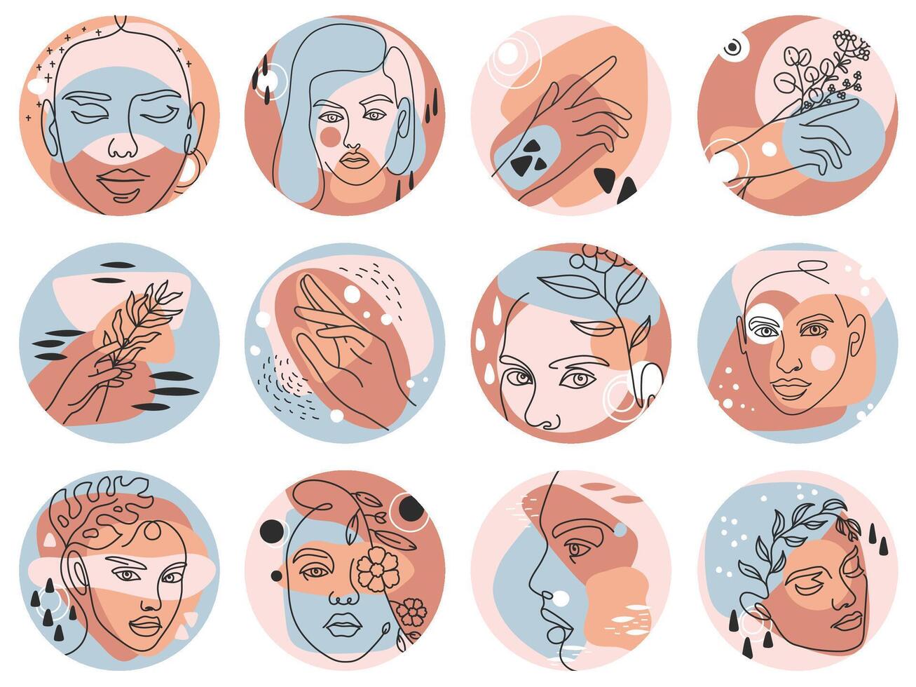 sociaal media hoogtepunt dekt. abstract boho verhaal pictogrammen voor schoonheid bloggers met vrouw gezichten, handen en bloemen, ronde vormig vector reeks