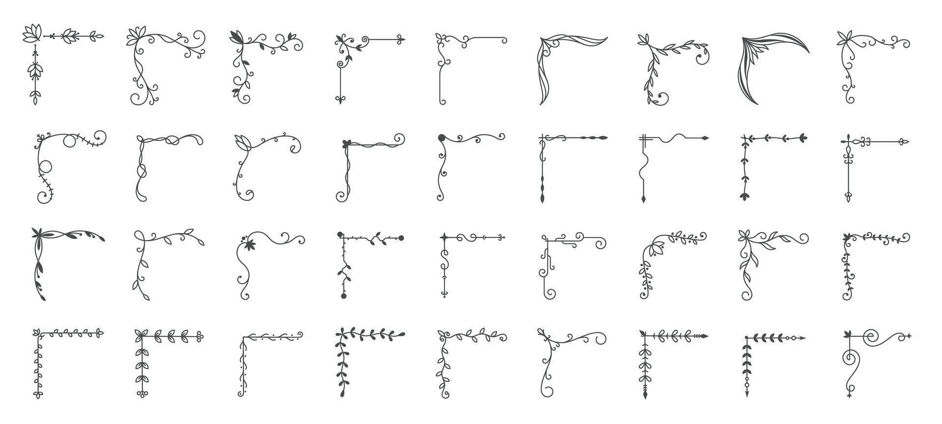 filigraan kader hoeken. decoratief grens sier- elementen, elegant floreren kolken blad accent verzameling voor bruiloft uitnodigingen en groet kaarten. vector geïsoleerd