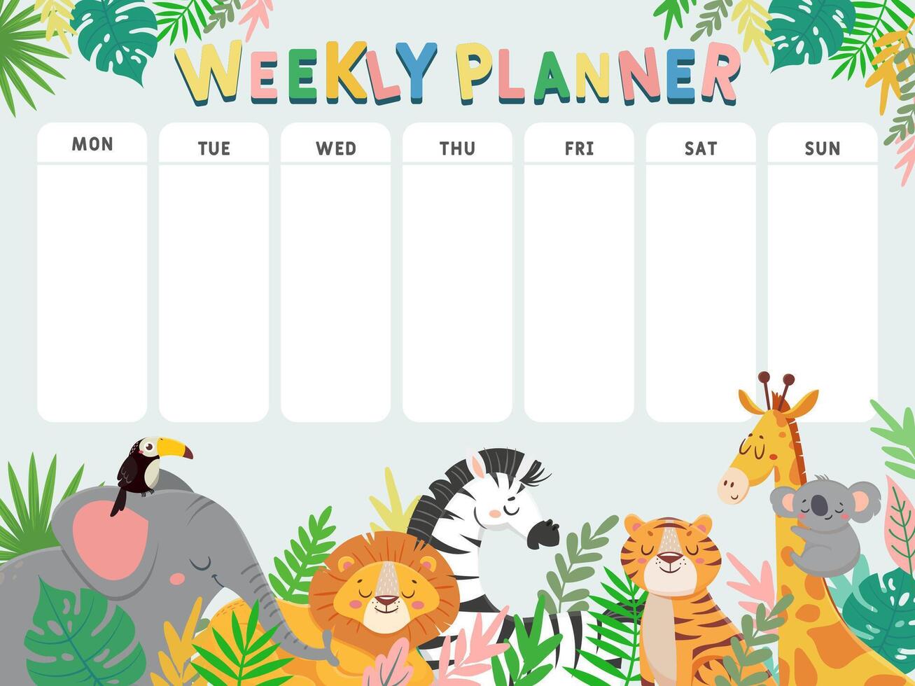 wekelijks ontwerper voor kind. kind schema voor week met tropisch oerwoud dieren en planten. kalender voor elementair school- leerling vector tafel