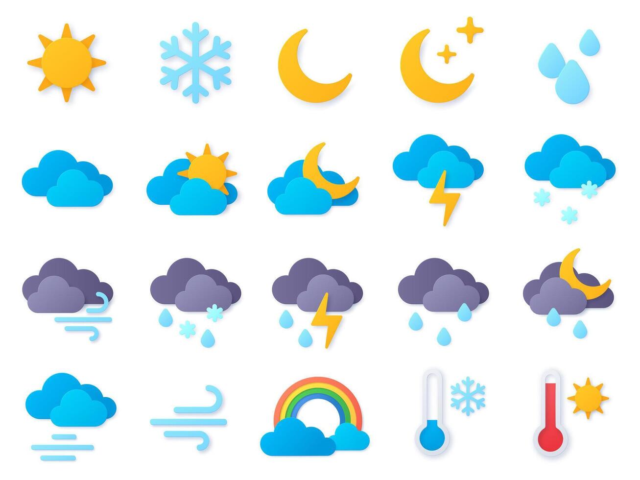 papier besnoeiing weer pictogrammen. symbolen van regenen, regenboog, zon, heet en verkoudheid temperatuur, winter sneeuw en wolk. meteo voorspelling pictogram vector reeks