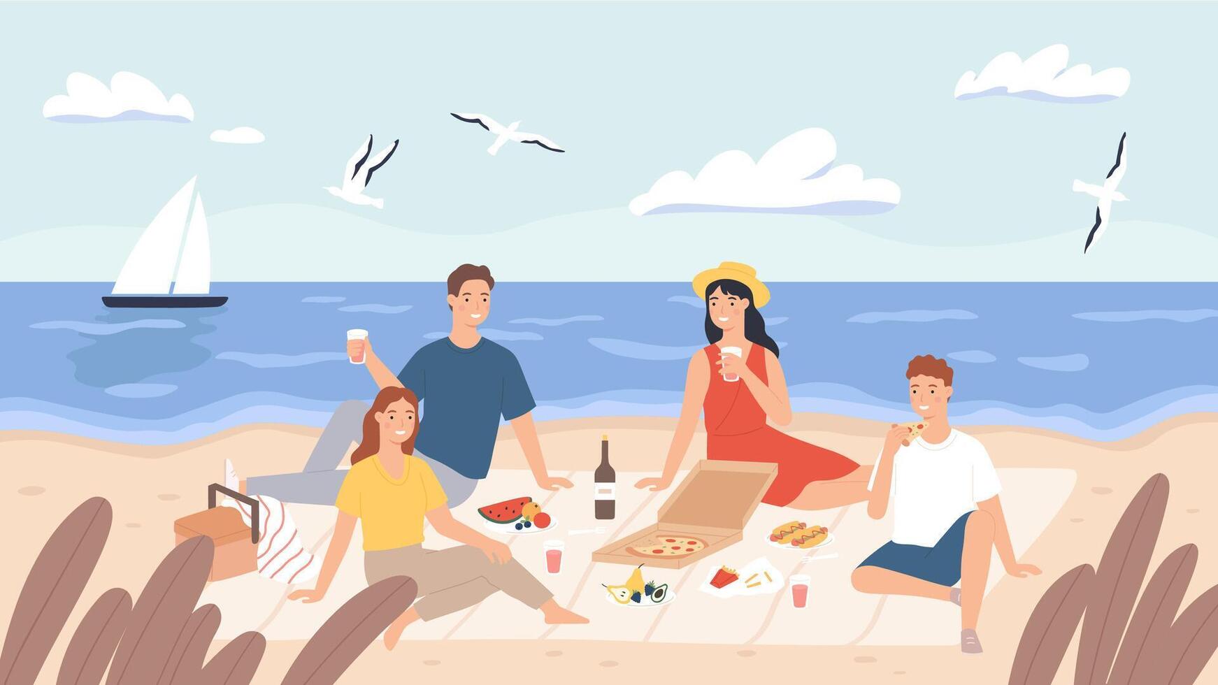 picknick Bij strand. groep van vrienden kilte en eten voedsel Aan zee oever. gelukkig mannen en Dames hebben lunch buitenshuis. vakantie Aan kust vector concept