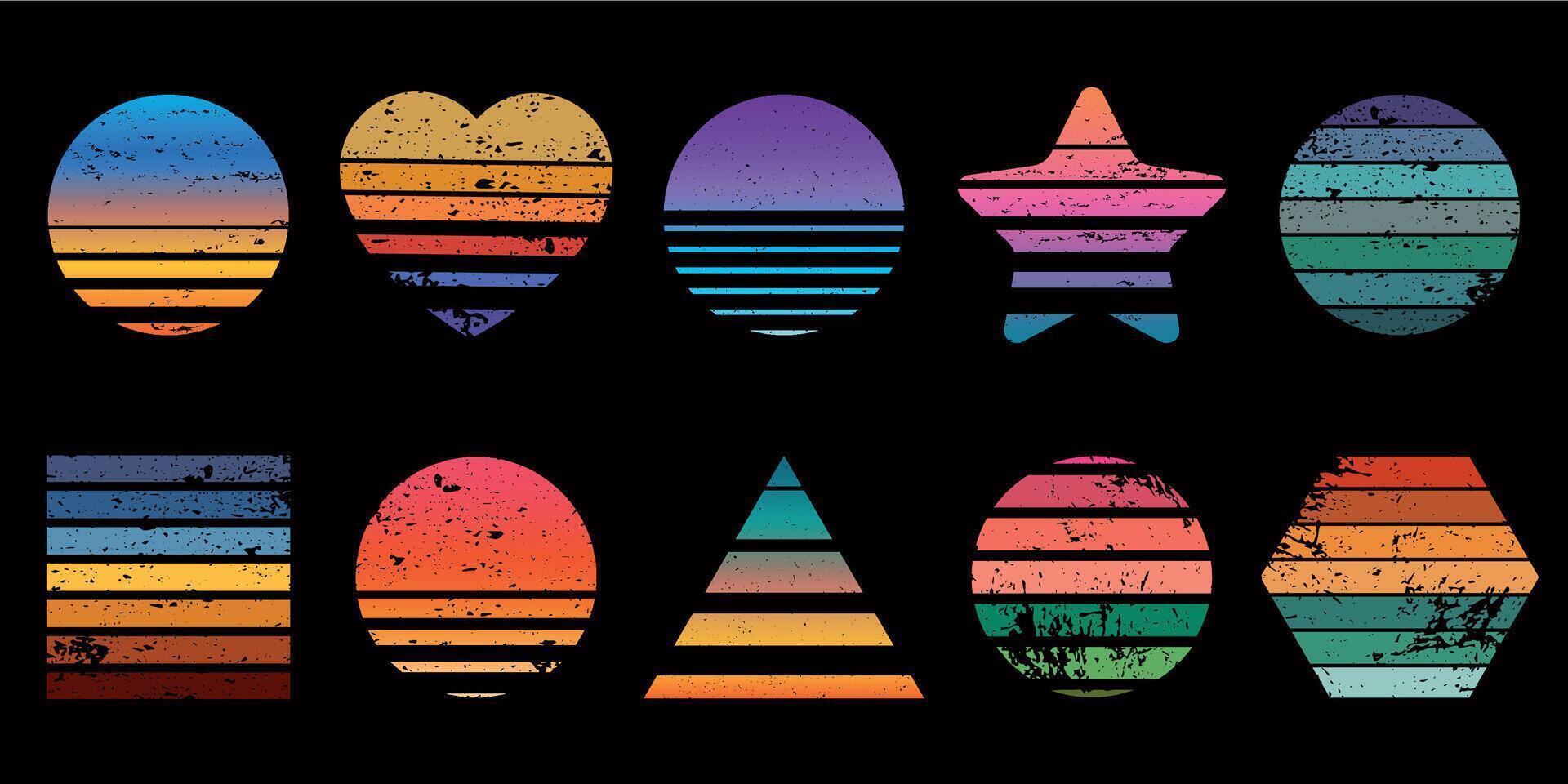 retro gestreept zonsondergang prints in hart, ster en cirkel vormen. 80s t-shirt ontwerp met strand zonsopkomst. meetkundig zee surfing logo vector reeks