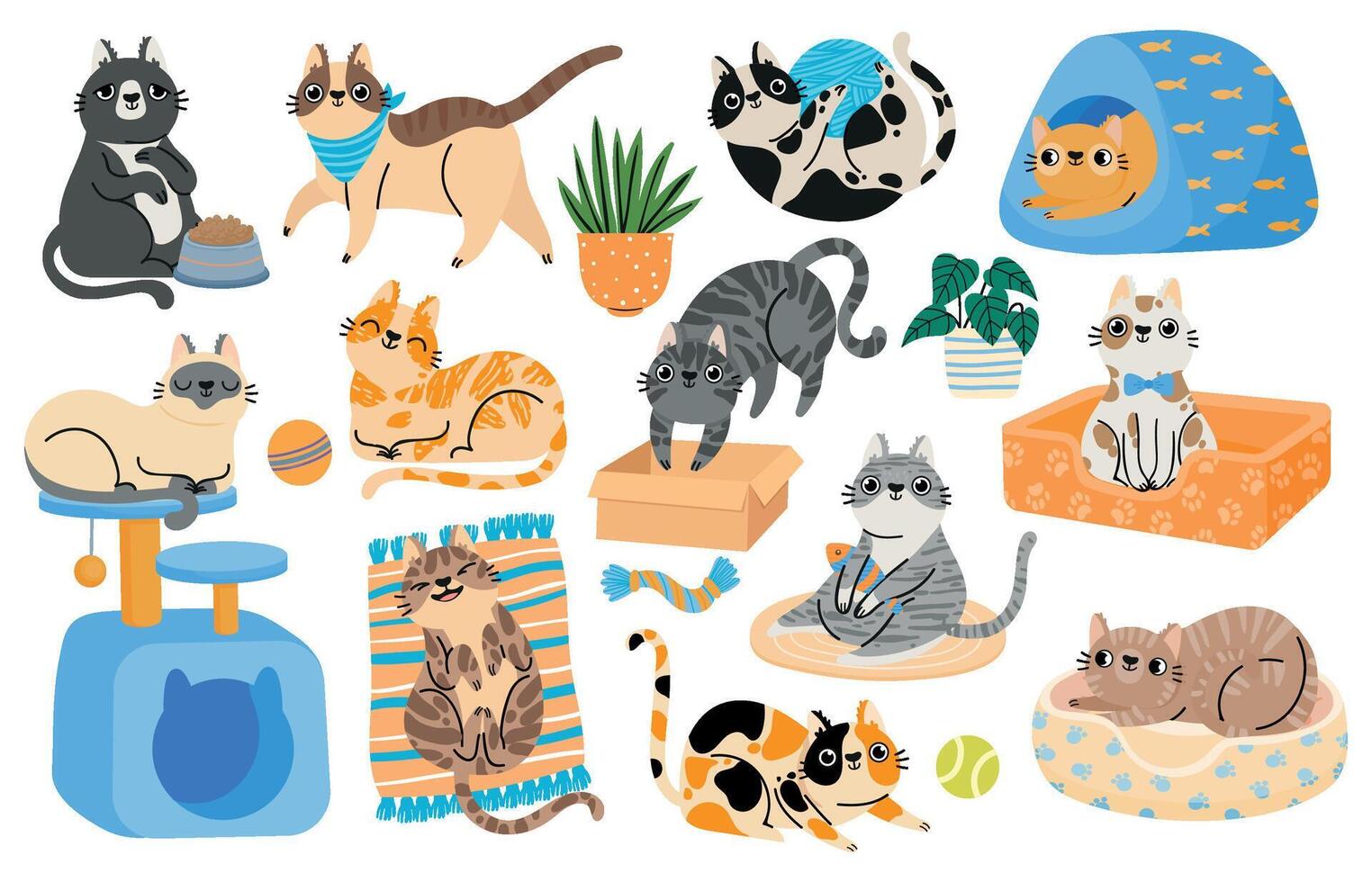 tekenfilm katten spelen met speelgoed, ontspannende en slapen in bed. hapy huisdier katje tekens in grappig poseert. schattig gestreept kat stickers vector reeks