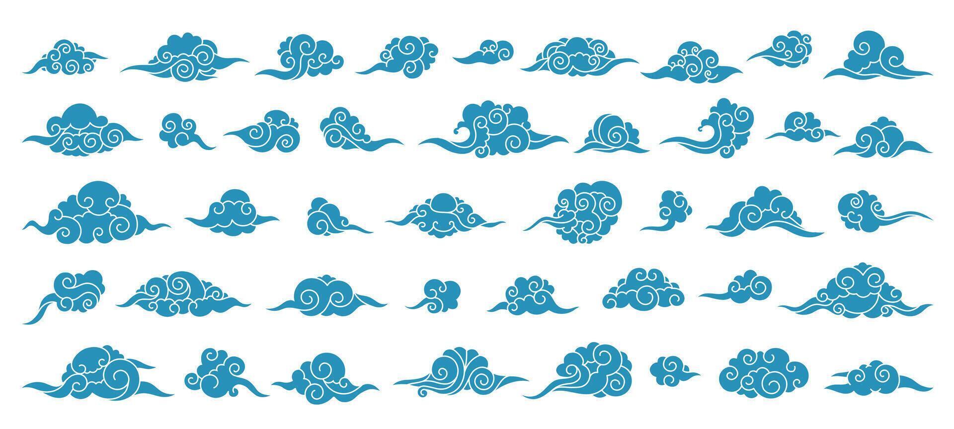 Aziatisch wolken ornament. Chinese Japans Koreaans oosters schets feestelijk decoratief elementen, traditioneel lucht kunst achtergrond. vector geïsoleerd reeks