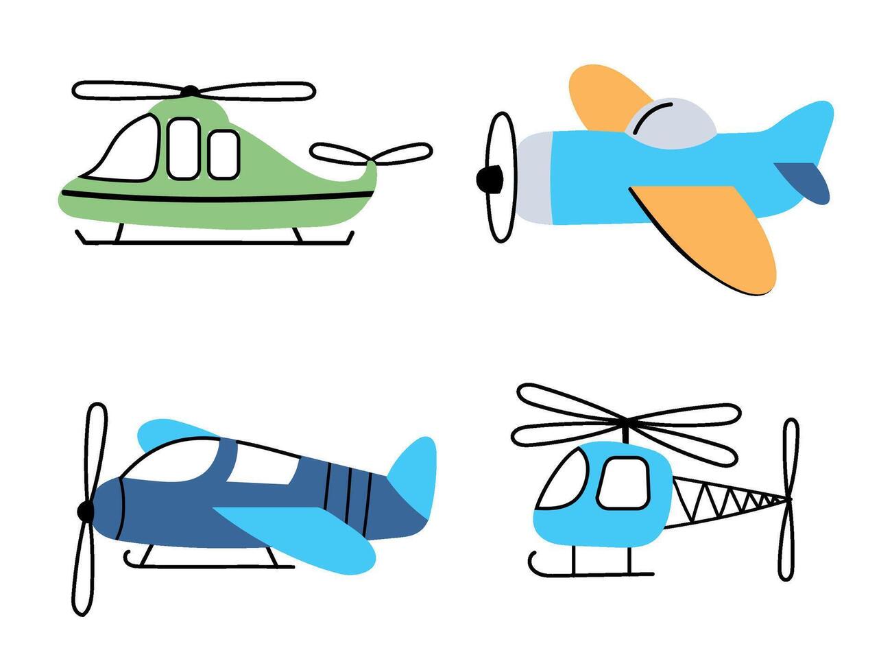 vliegend vliegtuigen en helikopter verzameling in kinderachtig stijl vector