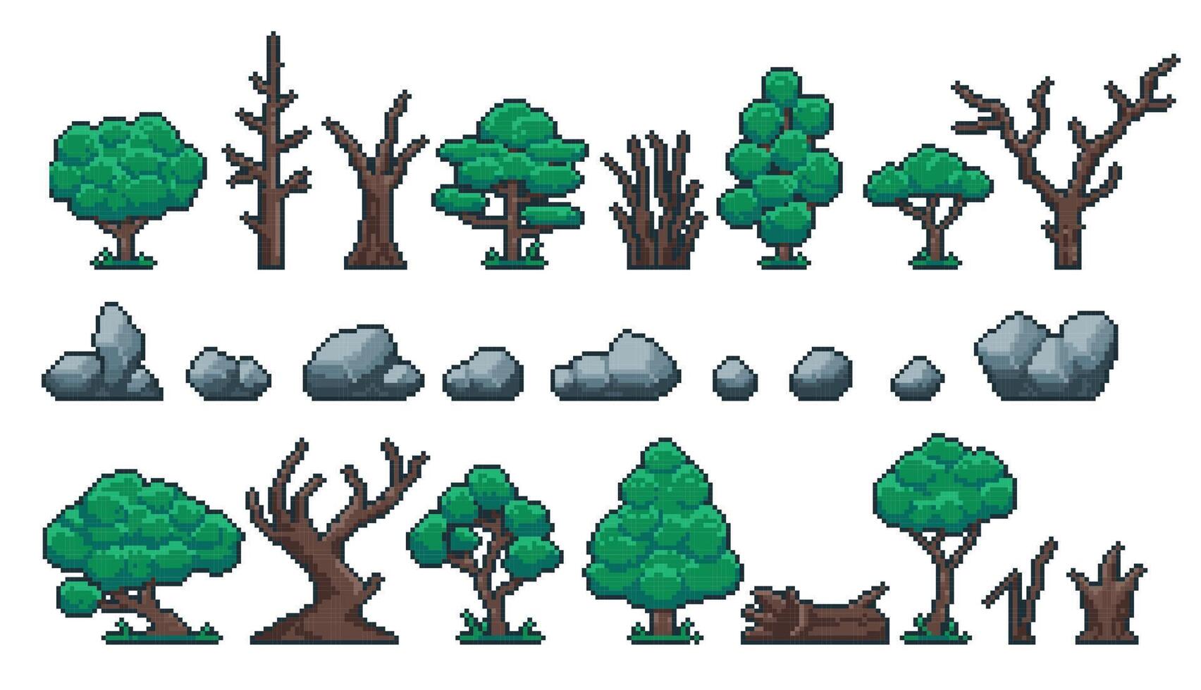 pixel planten en stenen. retro 8 beetje video spel sprite middelen van rotsen, Woud en park bomen, logboeken, romp en stomp. vector geïsoleerd reeks