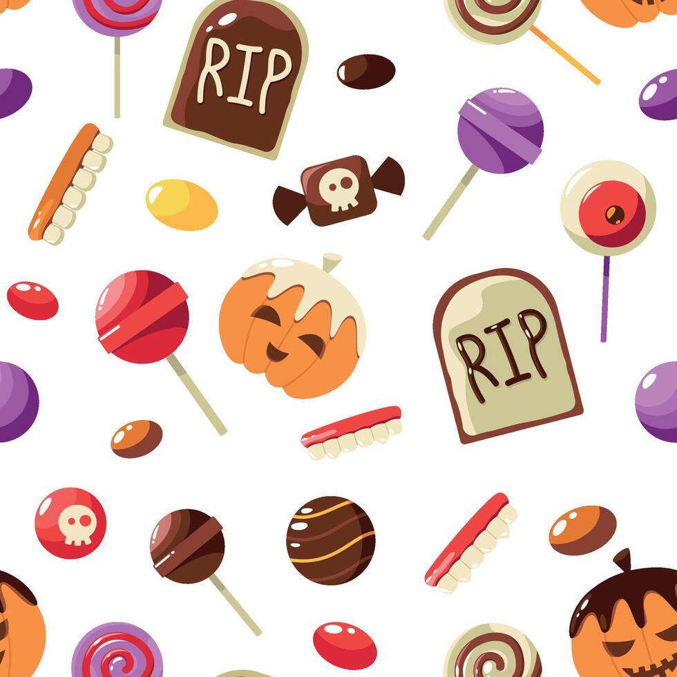 halloween snoepgoed patroon. naadloos afdrukken van tekenfilm truc of traktatie snoepjes, schattig pompoen lolly kauwgomballen desserts herhalen achtergrond. vector structuur