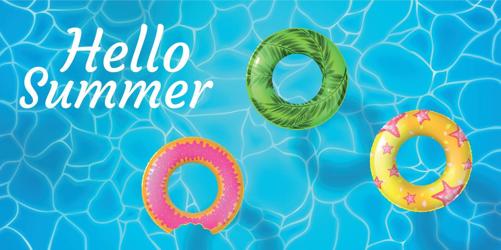 realistisch Hallo zomer poster met zwembad en zwemmen ringen. sprankelend water top visie met opblaasbaar rubber 3d ring donut vector banier