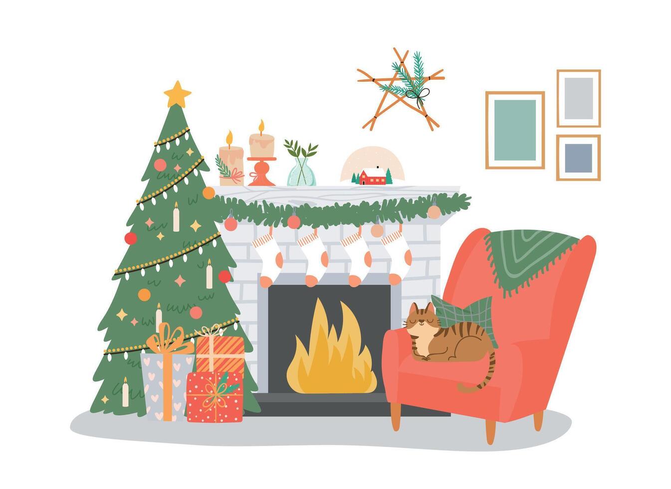 Kerstmis interieur met schoorsteen, boom en stoel vector