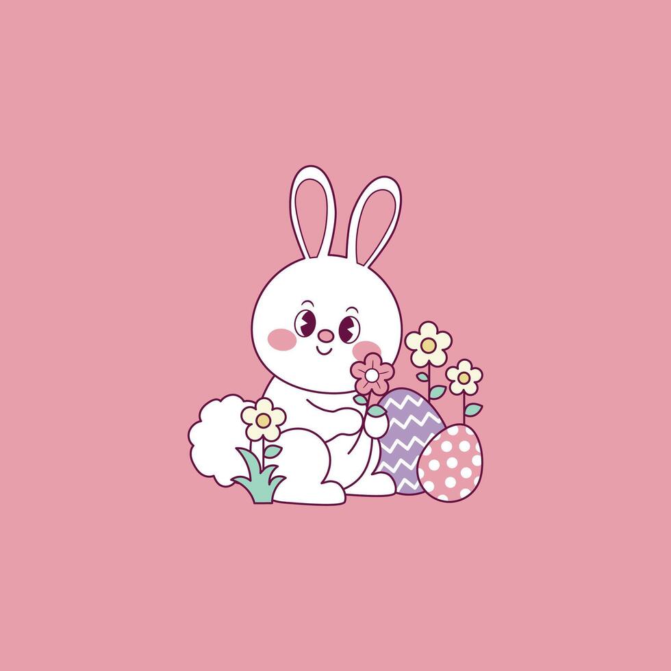 schattig Pasen konijn illustratie met bloemen en Pasen eieren vector
