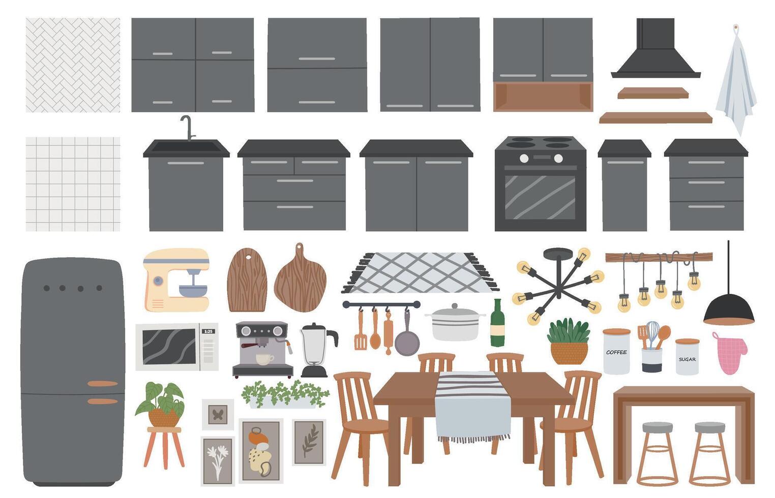 knus keuken meubilair, gebruiksvoorwerpen, decoratie en Koken huishoudelijke apparaten. hygge koken kamer interieur elementen, tafel en keuken kabinet vector reeks