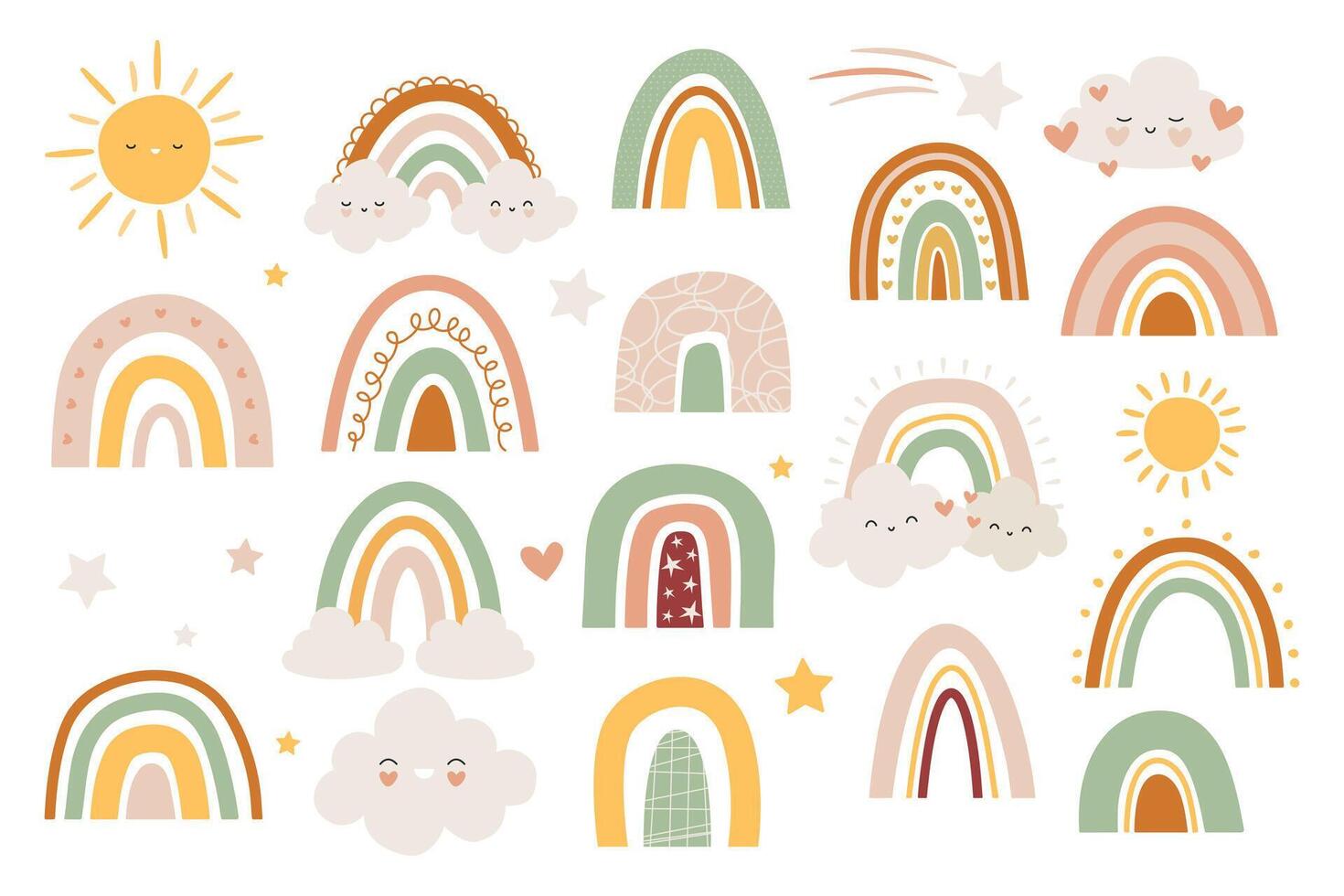 schattig regenboog wolk zon. abstract hand- getrokken kleurrijk meteorologisch symbolen, kinderachtig boho abstract lucht elementen voor omhulsel behang ontwerp. vector reeks