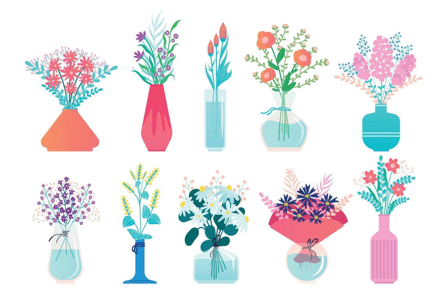 bloemen in vaas. flora boeket in pottenbakkerij werper, bundel van lelies, bloeiend voorjaar bloemen in decoratief vaas. vector geïsoleerd reeks