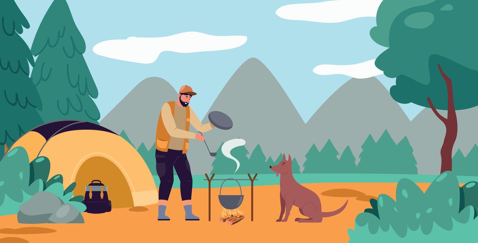 Mens jager Koken Aan brand buitenshuis Aan veld- keuken in camping plaats na wandelen vector