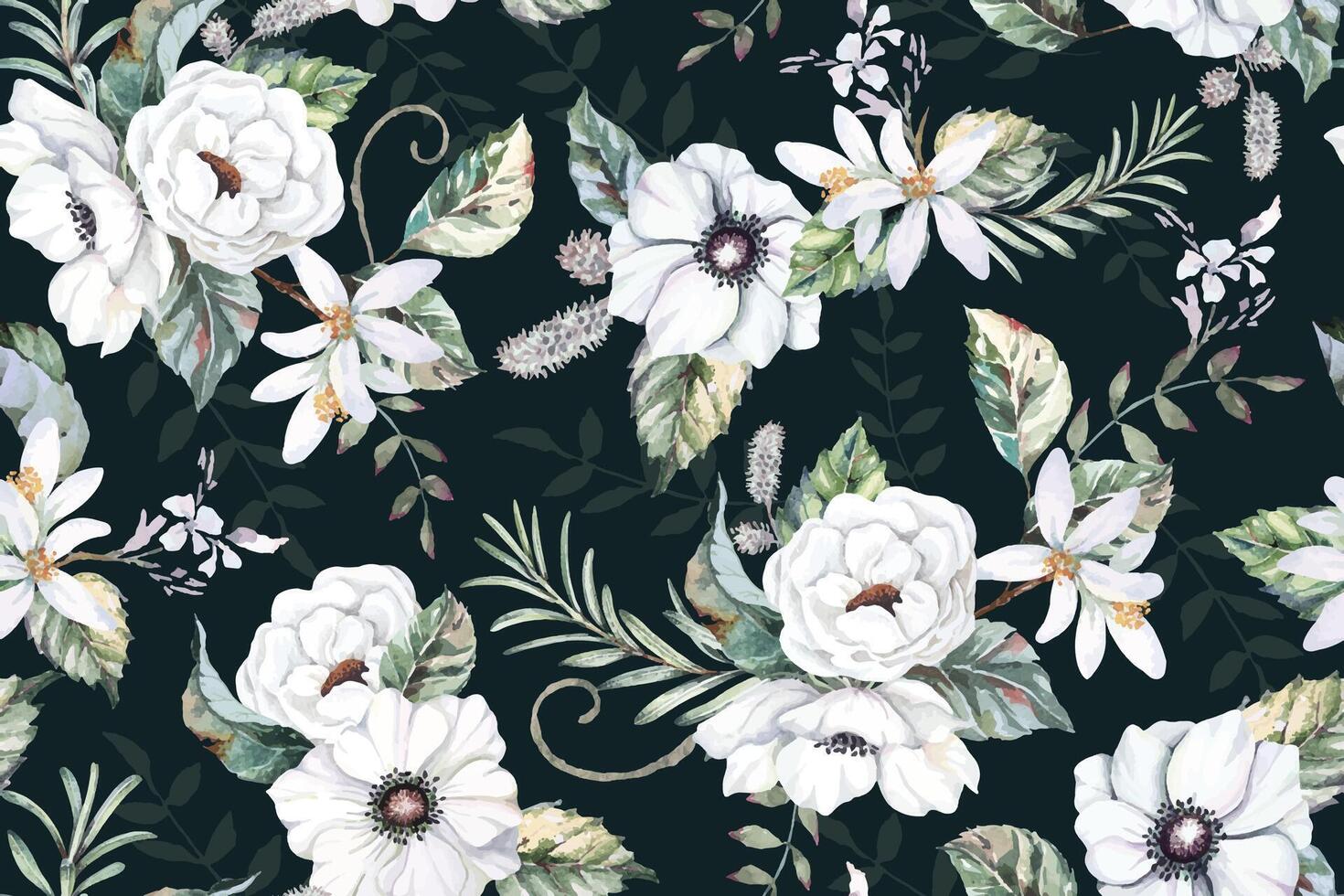 naadloos patroon van wit bloemen, anemoon en bladeren geschilderd in aquarel.natuur achtergrond.voor kleding stof luxueus en behang, wijnoogst stijl.botanisch bloemen patroon. vector