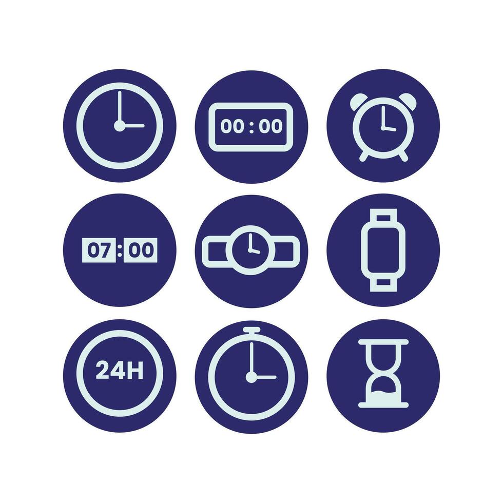 een reeks van blauw pictogrammen met verschillend tijd en klok vector