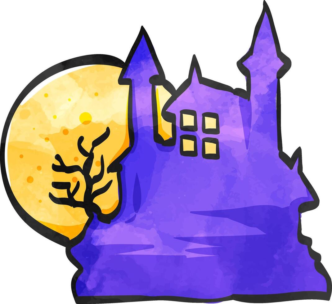 donker kasteel icoon in kleur tekening. halloween symbool pad maan gebouw spookachtig angst vector